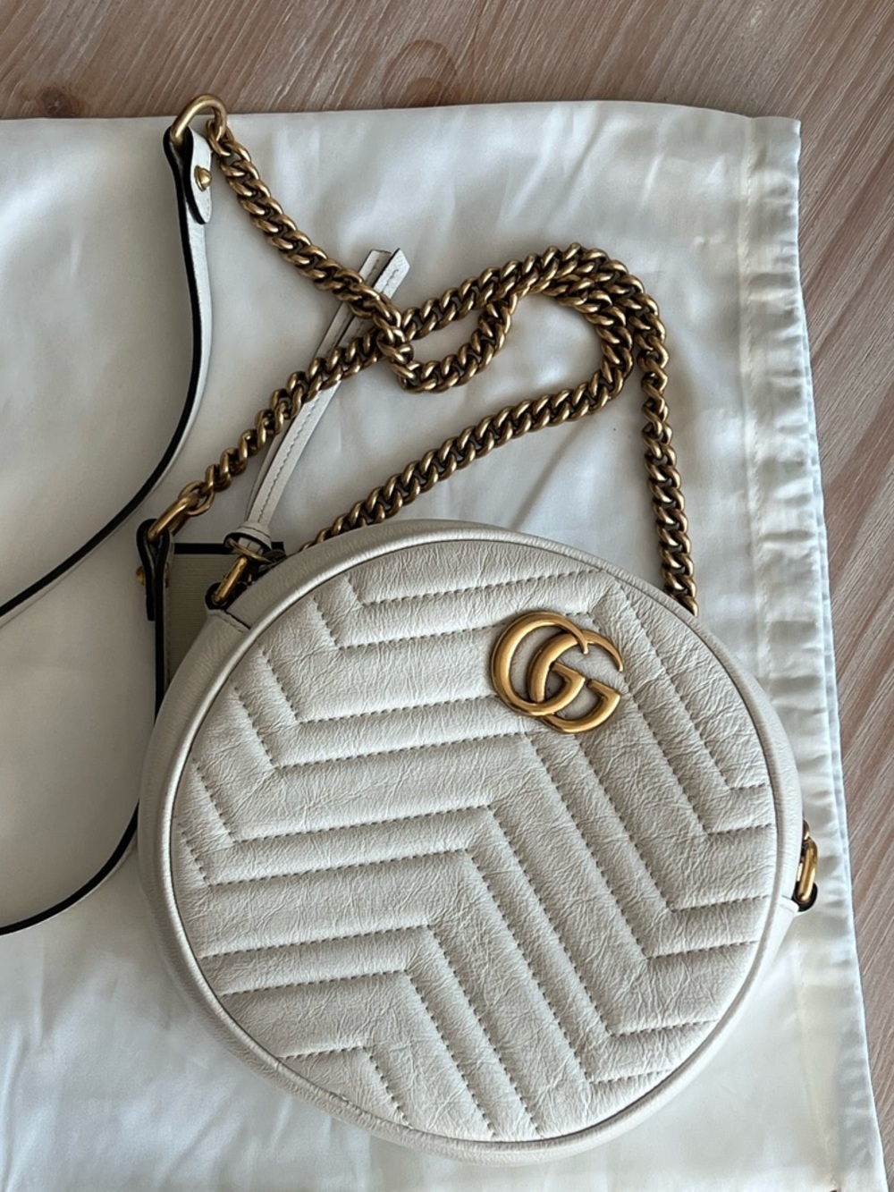 Gucci Calfskin Matelasse Mini GG Marmont Round Shoulder Bag White